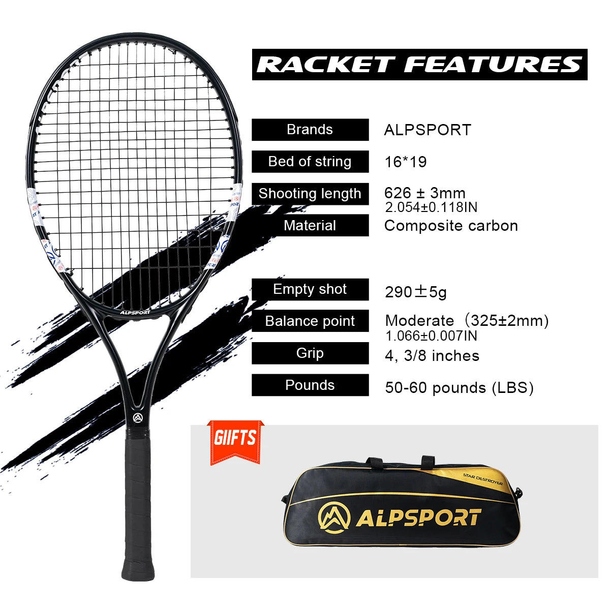 Professional Carbon Fiber Tennis Racket with Bag